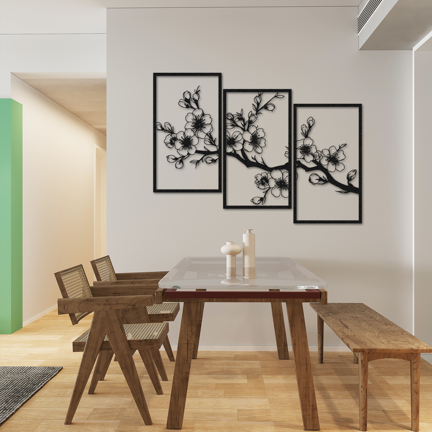 3-Piece Cherry Blossom Metal Wall Art – Black Sakura Branch Decor for Living Room