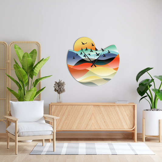 Modern Landscape Metal Wall Clock with Birds