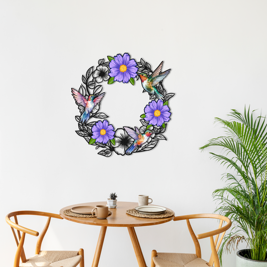 Hummingbird Floral Metal Wall Art – Purple Flower & Bird Wreath for Nature-Inspired Home Decor