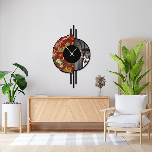 Japanese Inspired Floral Print Metal Wall Clock with Mirror – Modern Decorative Wall Art