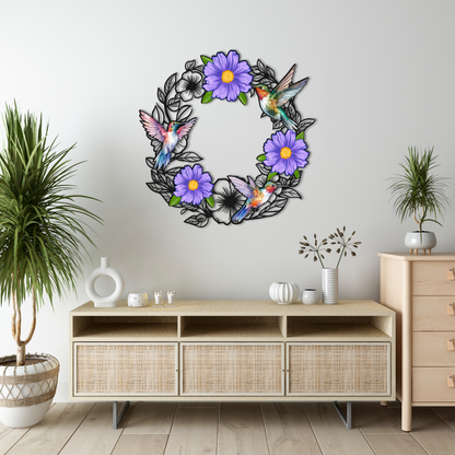 Hummingbird Floral Metal Wall Art – Purple Flower & Bird Wreath for Nature-Inspired Home Decor