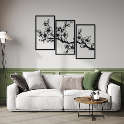 3-Piece Cherry Blossom Metal Wall Art – Black Sakura Branch Decor for Living Room