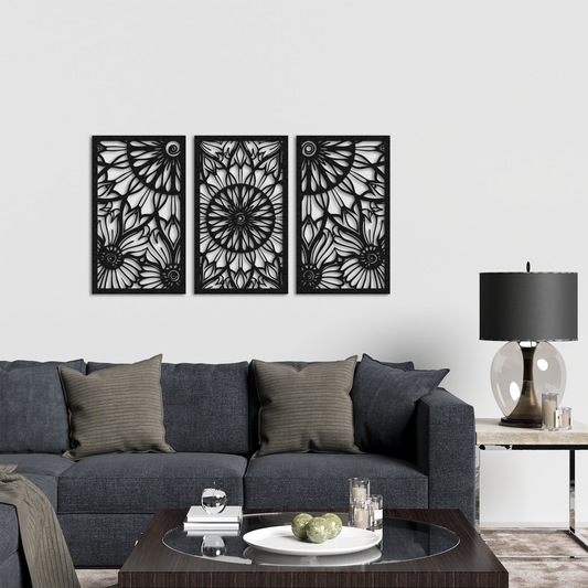 Floral Harmony Metal Wall Art – 3 Panel Black Flower Design