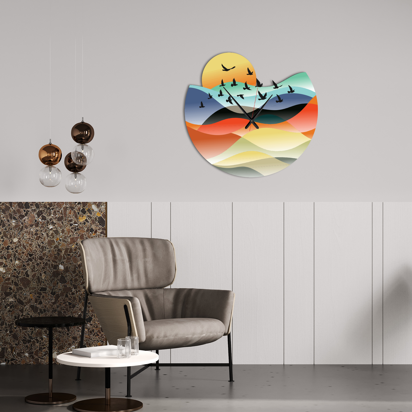 Modern Landscape Metal Wall Clock with Birds