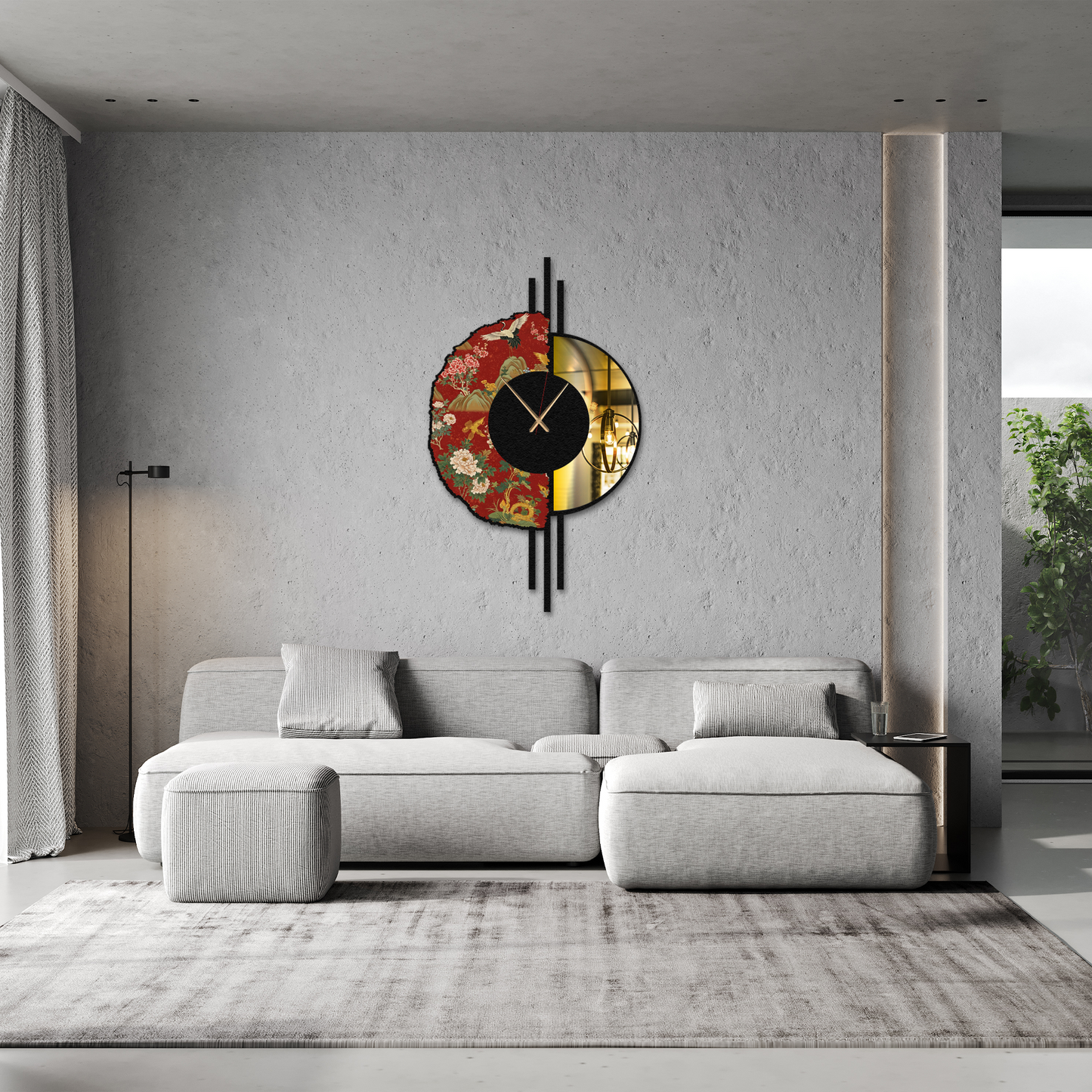 Japanese Inspired Floral Print Metal Wall Clock with Mirror – Modern Decorative Wall Art