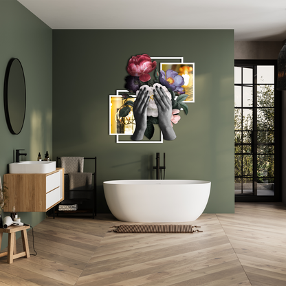 Floral Reflection – Modern Metal Wall Art with Hands and Flowers | Surreal Feminine Home Decor