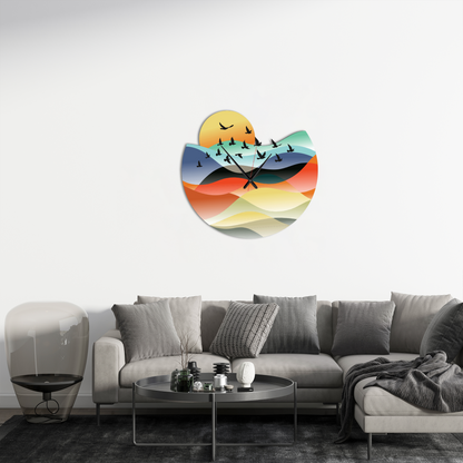 Modern Landscape Metal Wall Clock with Birds
