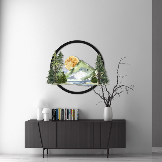 Nature Vista Metal Wall Art – Mountain Lake & Forest Scene | Rustic Landscape Home Decor