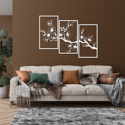 3-Piece Cherry Blossom Metal Wall Art – Black Sakura Branch Decor for Living Room
