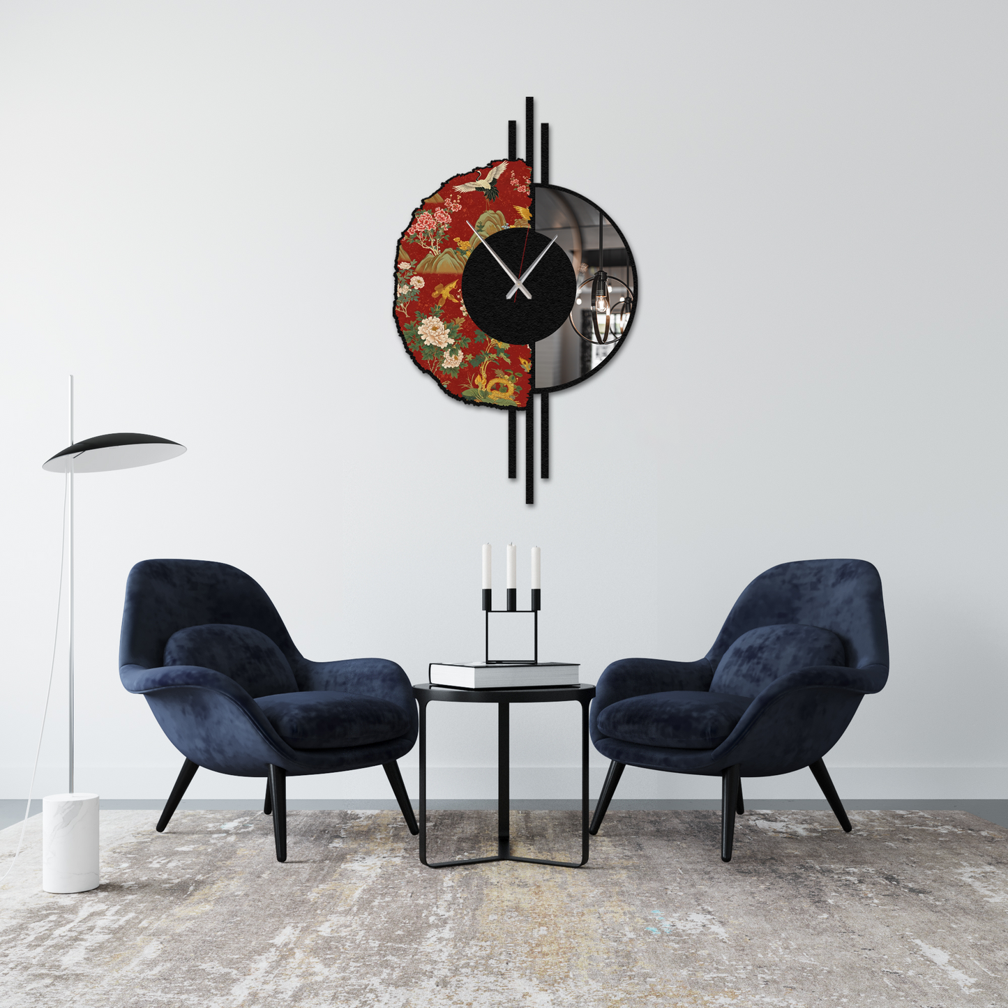 Japanese Inspired Floral Print Metal Wall Clock with Mirror – Modern Decorative Wall Art