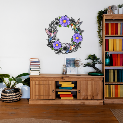 Hummingbird Floral Metal Wall Art – Purple Flower & Bird Wreath for Nature-Inspired Home Decor