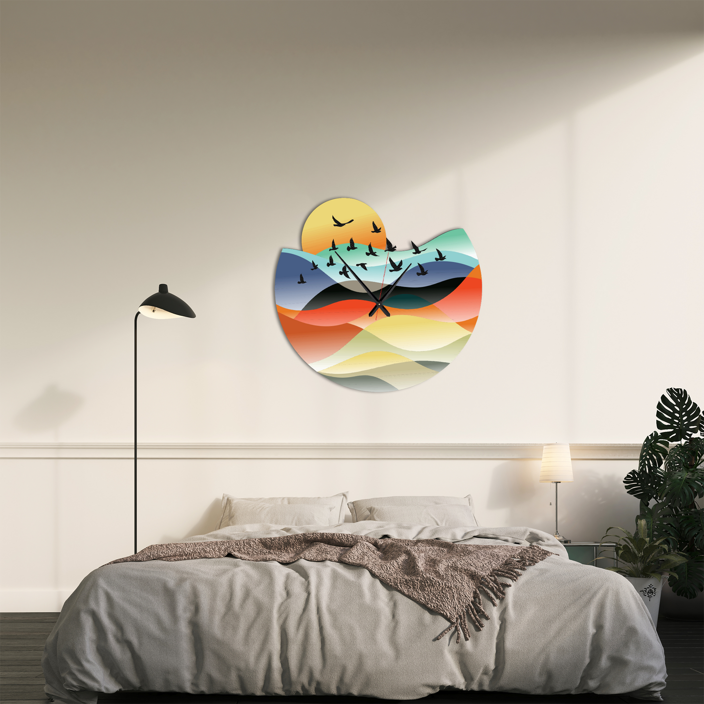 Modern Landscape Metal Wall Clock with Birds