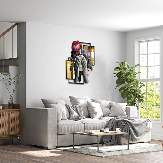 Floral Reflection – Modern Metal Wall Art with Hands and Flowers | Surreal Feminine Home Decor