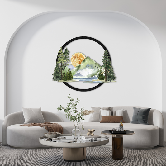 Nature Vista Metal Wall Art – Mountain Lake & Forest Scene | Rustic Landscape Home Decor