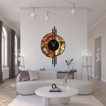 Japanese Inspired Floral Print Metal Wall Clock with Mirror – Modern Decorative Wall Art