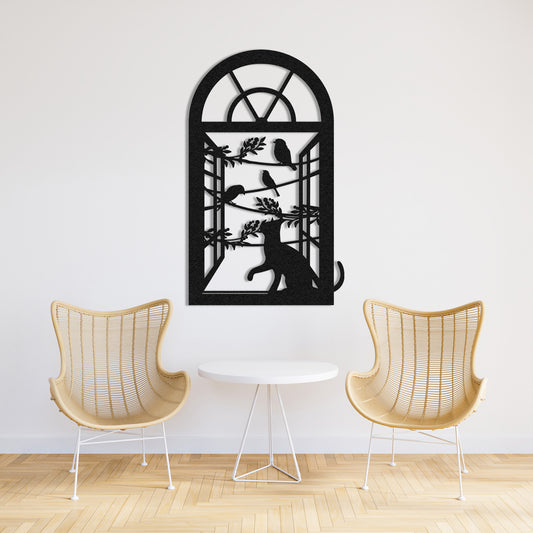 Cat and Birds Metal Wall Art – Window Frame Silhouette Home Decor for Modern Interiors