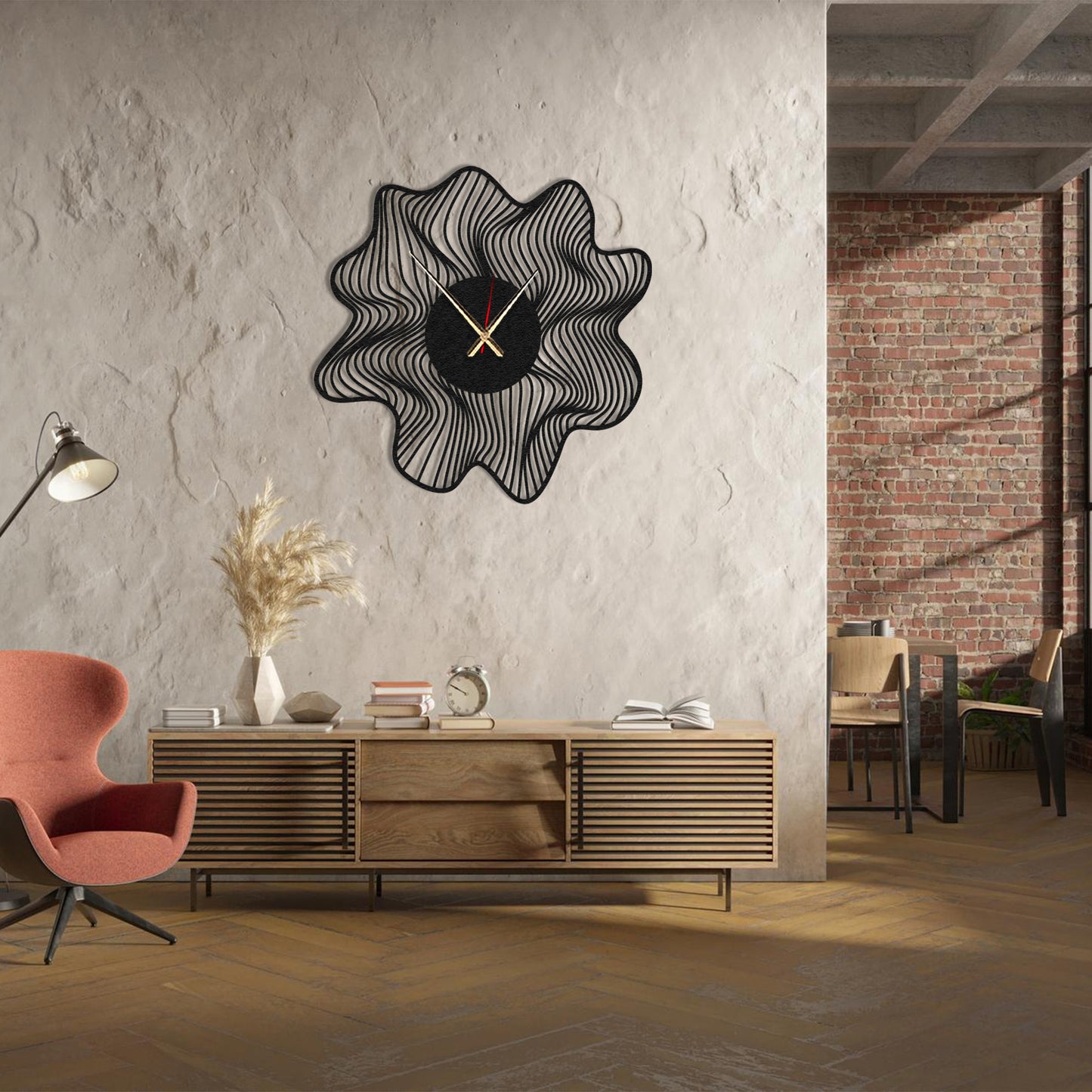 Wavy Black Large Metal Wall Clock, Modern Minimalist Wall Clock, Aesthetic Design, Wanduhr, Horloge Murale, Housewarming Gift, Silent Clock