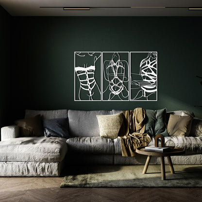 Set of 3 Bookish and Bondage Metal One Line Art, Woman Reading Book Sign, Minimal Artwork, Feminine BDSM Art, Aesthetic Nude Girl Room Decor