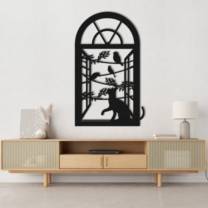 Cat and Birds Metal Wall Art – Window Frame Silhouette Home Decor for Modern Interiors