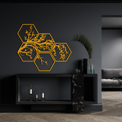Hexagon 5 Piece Tree Branches Metal Wall Decor, Framed Nature and Tree Wall Sign, Unique Home Art, Gift for Her, Living Room Nature Decor