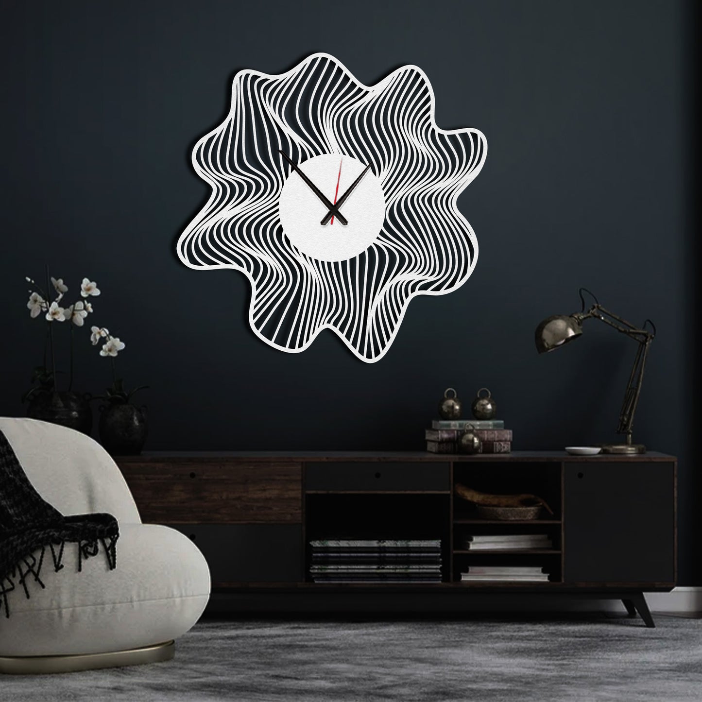 Wavy Black Large Metal Wall Clock, Modern Minimalist Wall Clock, Aesthetic Design, Wanduhr, Horloge Murale, Housewarming Gift, Silent Clock
