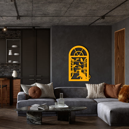 Cat and Birds Metal Wall Art – Window Frame Silhouette Home Decor for Modern Interiors