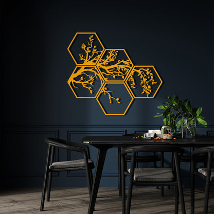 Hexagon 5 Piece Tree Branches Metal Wall Decor, Framed Nature and Tree Wall Sign, Unique Home Art, Gift for Her, Living Room Nature Decor