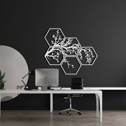 Hexagon 5 Piece Tree Branches Metal Wall Decor, Framed Nature and Tree Wall Sign, Unique Home Art, Gift for Her, Living Room Nature Decor