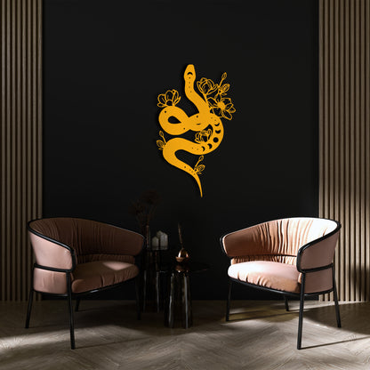 Black Snake Metal Wall Art – Floral Serpent Home Decor for Modern Interiors