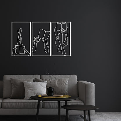 Set of 3 Bookish Metal One Line Art, Woman Reading Book, Minimal Artwork, Feminine Art, Aesthetic Room Decor, Book Lover Art,Above Bed Decor