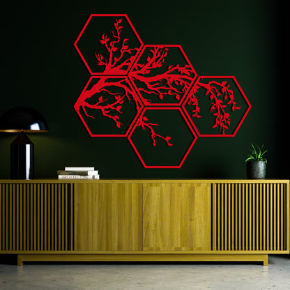 Hexagon 5 Piece Tree Branches Metal Wall Decor, Framed Nature and Tree Wall Sign, Unique Home Art, Gift for Her, Living Room Nature Decor