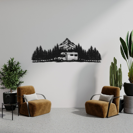 Mountain RV Metal Wall Art – Camper and Forest Silhouette Nature Wall Decor