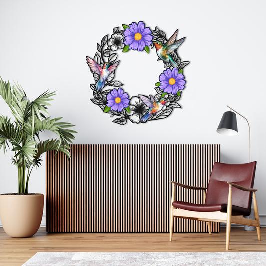 Hummingbird Floral Metal Wall Art – Purple Flower & Bird Wreath for Nature-Inspired Home Decor