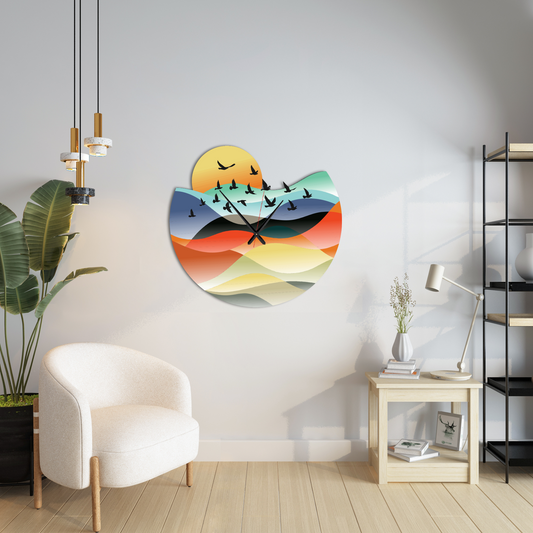 Modern Landscape Metal Wall Clock with Birds
