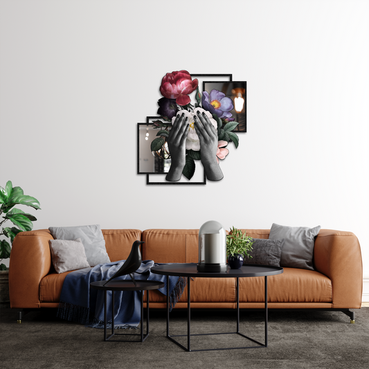 Floral Reflection – Modern Metal Wall Art with Hands and Flowers | Surreal Feminine Home Decor