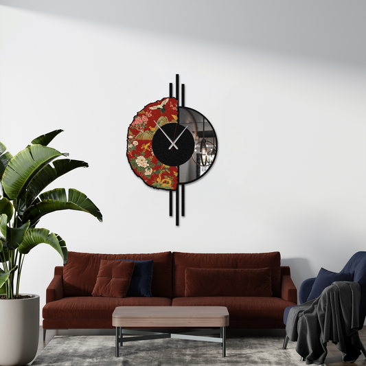 Japanese Inspired Floral Print Metal Wall Clock with Mirror – Modern Decorative Wall Art