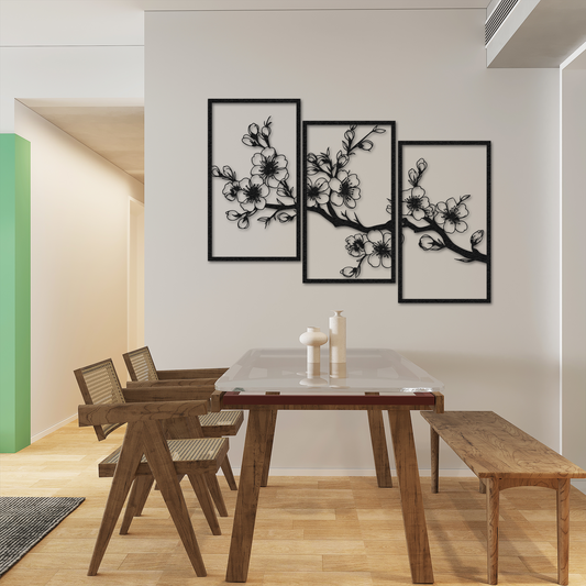 3-Piece Cherry Blossom Metal Wall Art – Black Sakura Branch Decor for Living Room